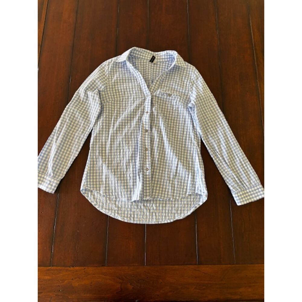 KUT From The Kloth Blue White Buffalo‎ Plaid Shirt Women’s Medium Stretch Cotton